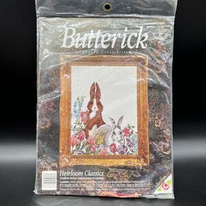 Vintage Counted Cross Stitch Bunny Rabbits In Garden Butterick Heirloom 5276